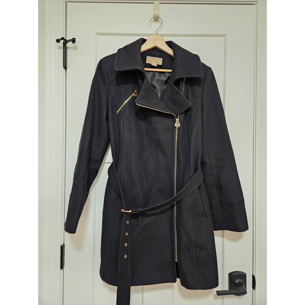 MICHAEL Michael Kors Wool Blend Coat Womens L Black Belted Moto Gold Zip